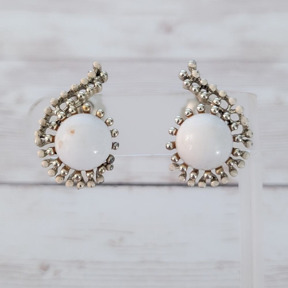 Vintage Clip On Earrings White & Gold Tone Statement - Condition Issues